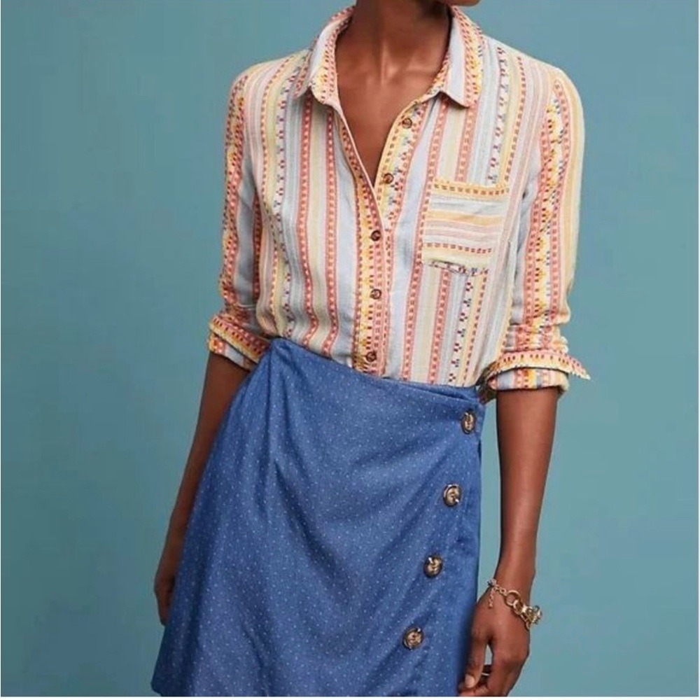 Anthropologie Mademoiselle Boho Button-Down Wool Blend Shirt Multicolor Size 10